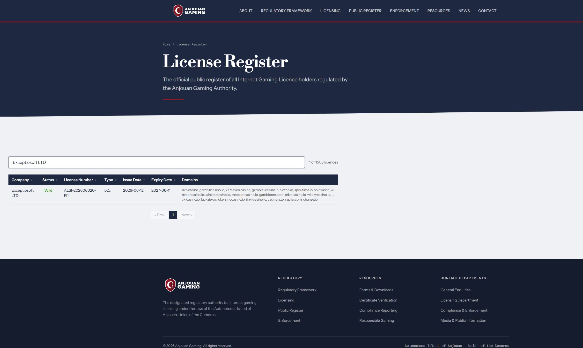 Exceptiosoft LTD licence record in the Anjouan Gaming Authority register