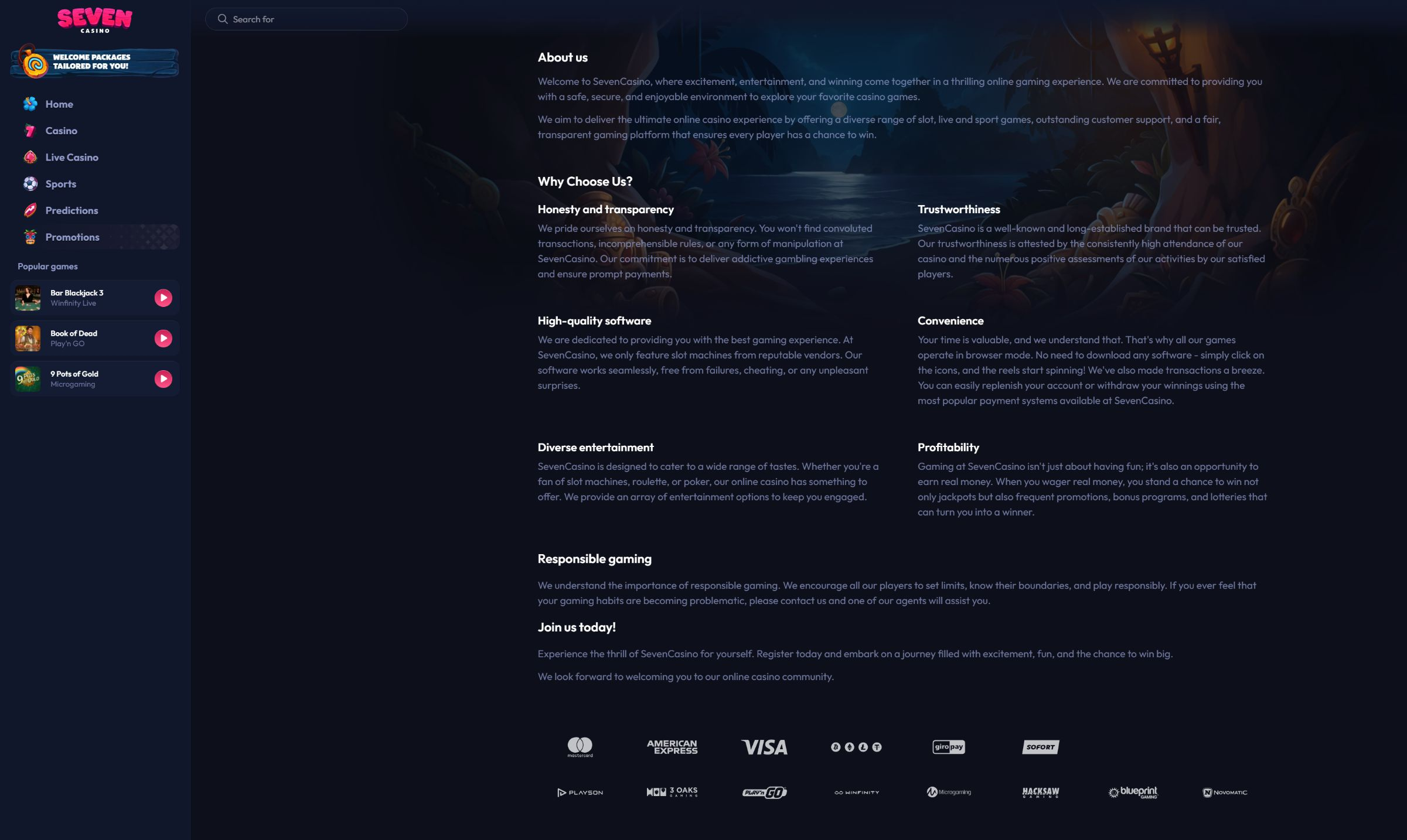 Seven Casino official About us page on desktop