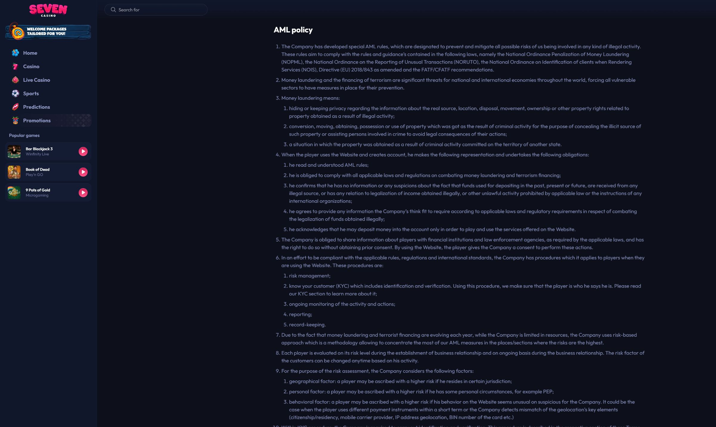 Seven Casino official AML policy on desktop