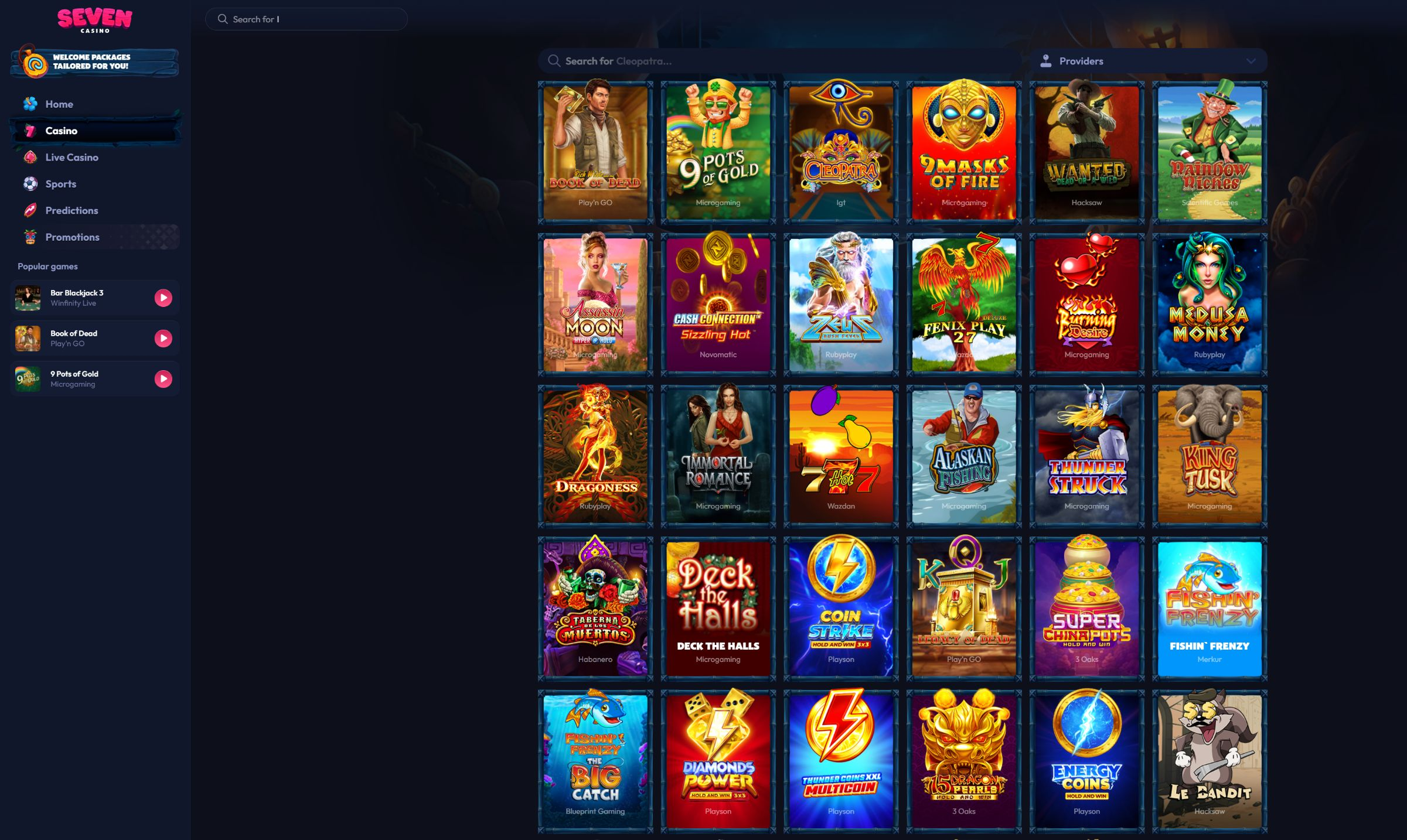 Seven Casino game lobby on desktop