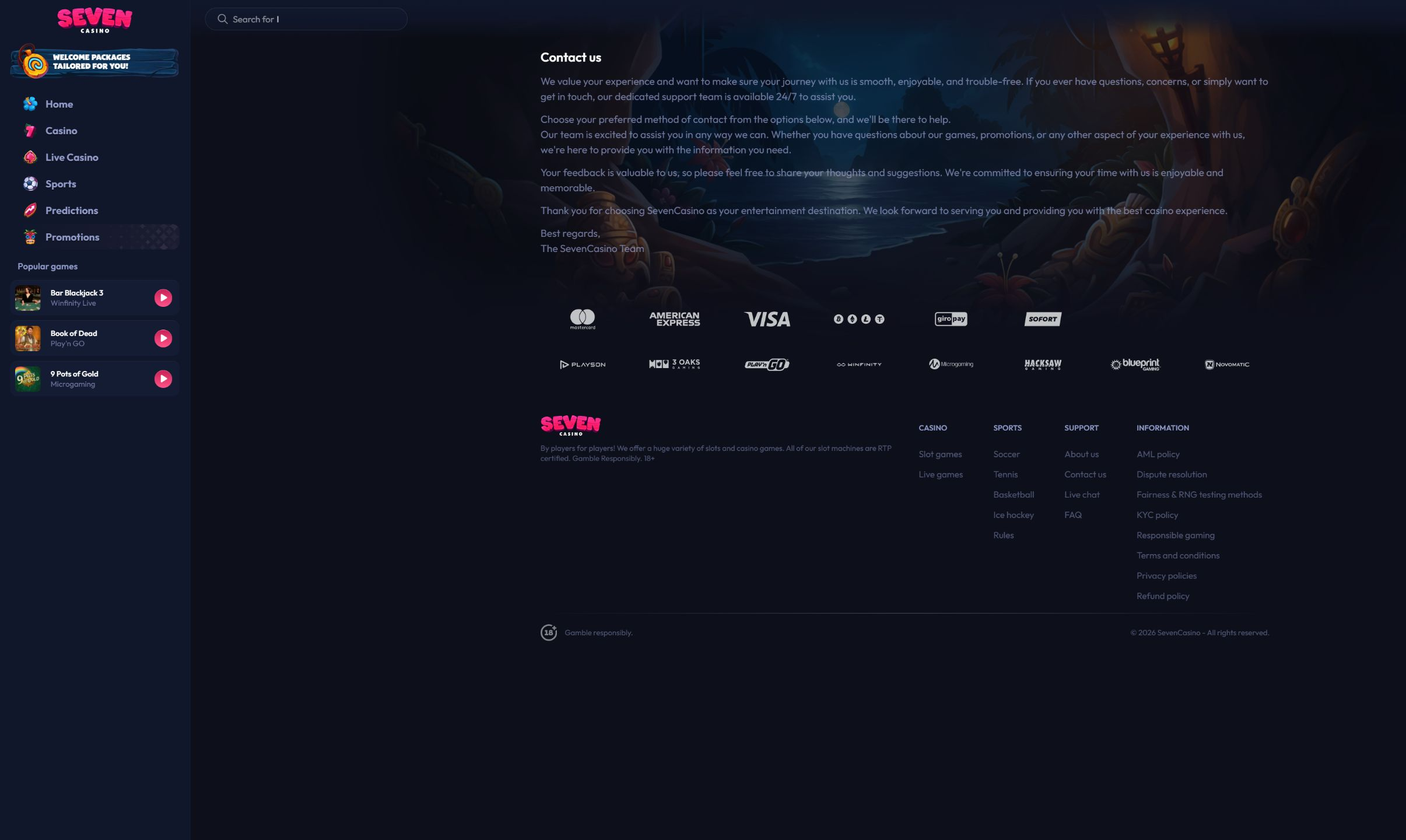 Seven Casino official contact page on desktop