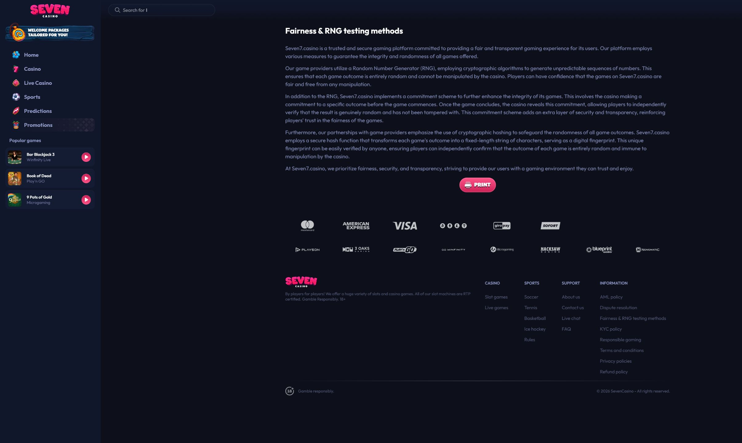 Seven Casino official fairness and RNG information on desktop