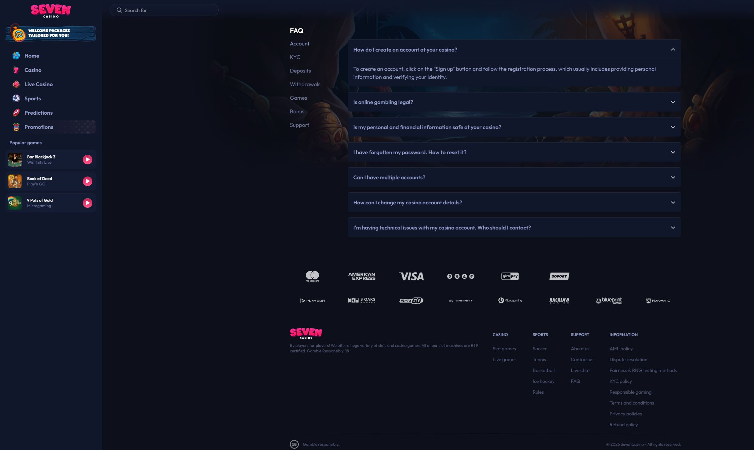 Seven Casino official FAQ on desktop