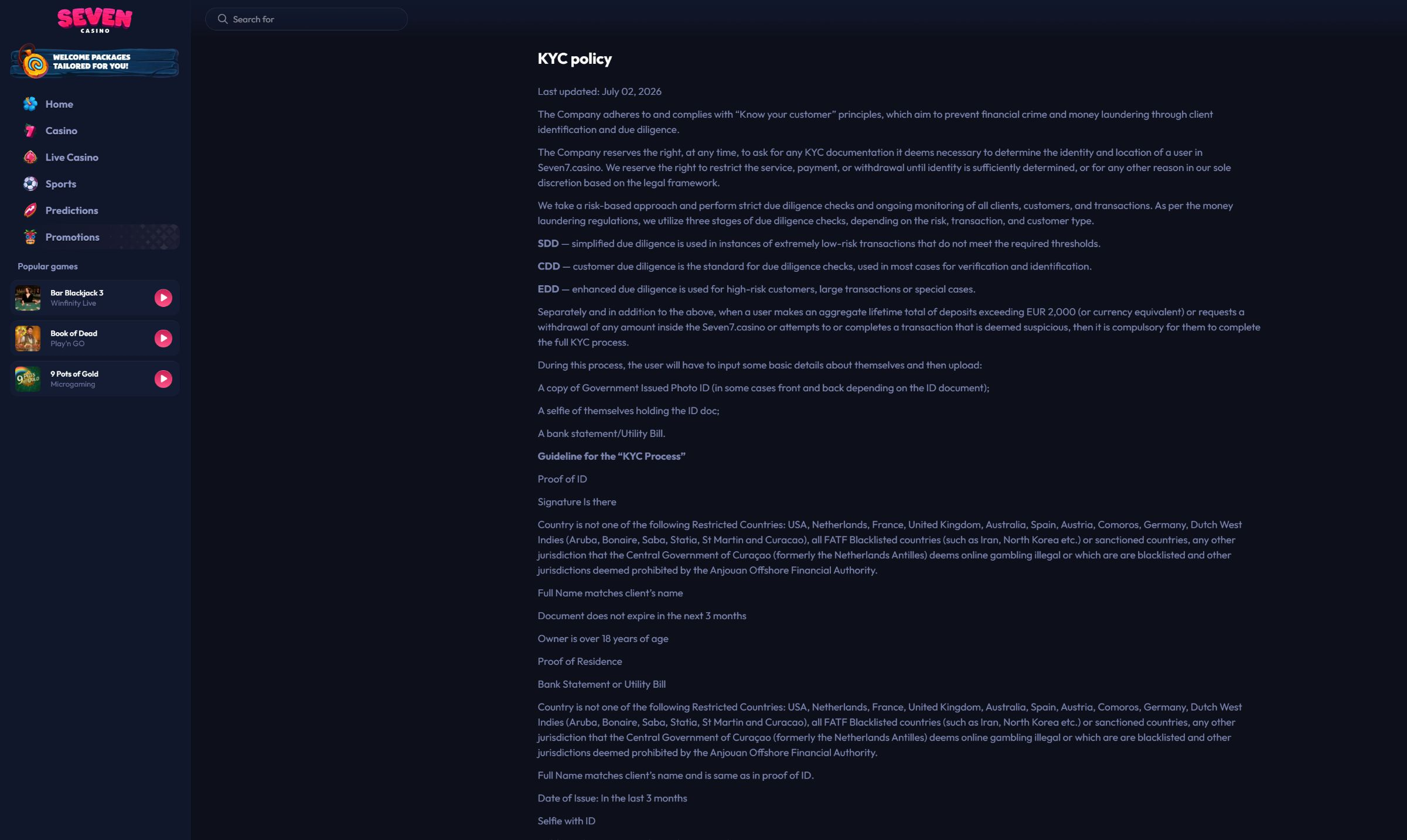 Seven Casino official KYC policy on desktop