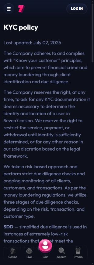 Seven Casino KYC Policy with identity verification triggers and document requirements.