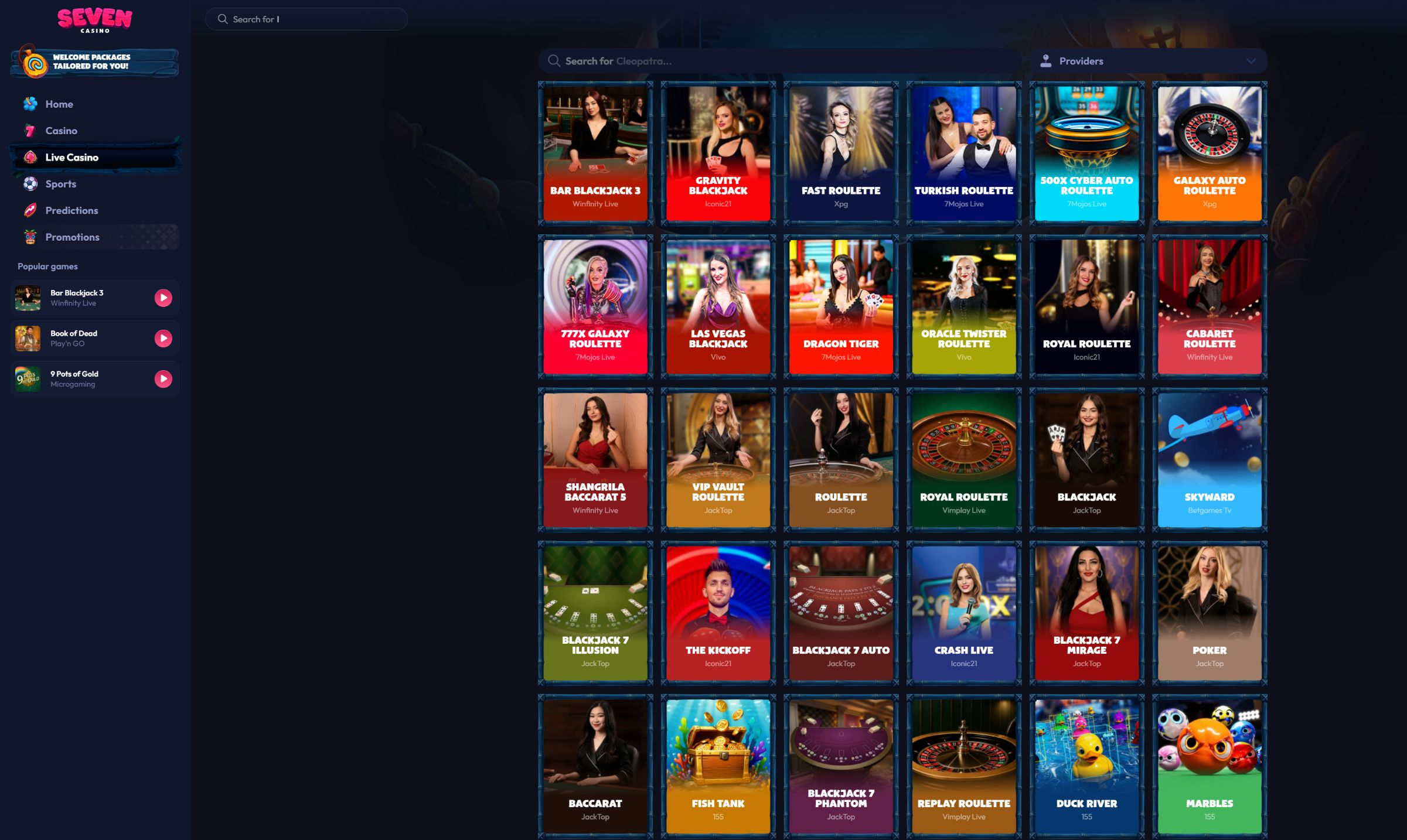 Seven Casino live casino lobby on desktop