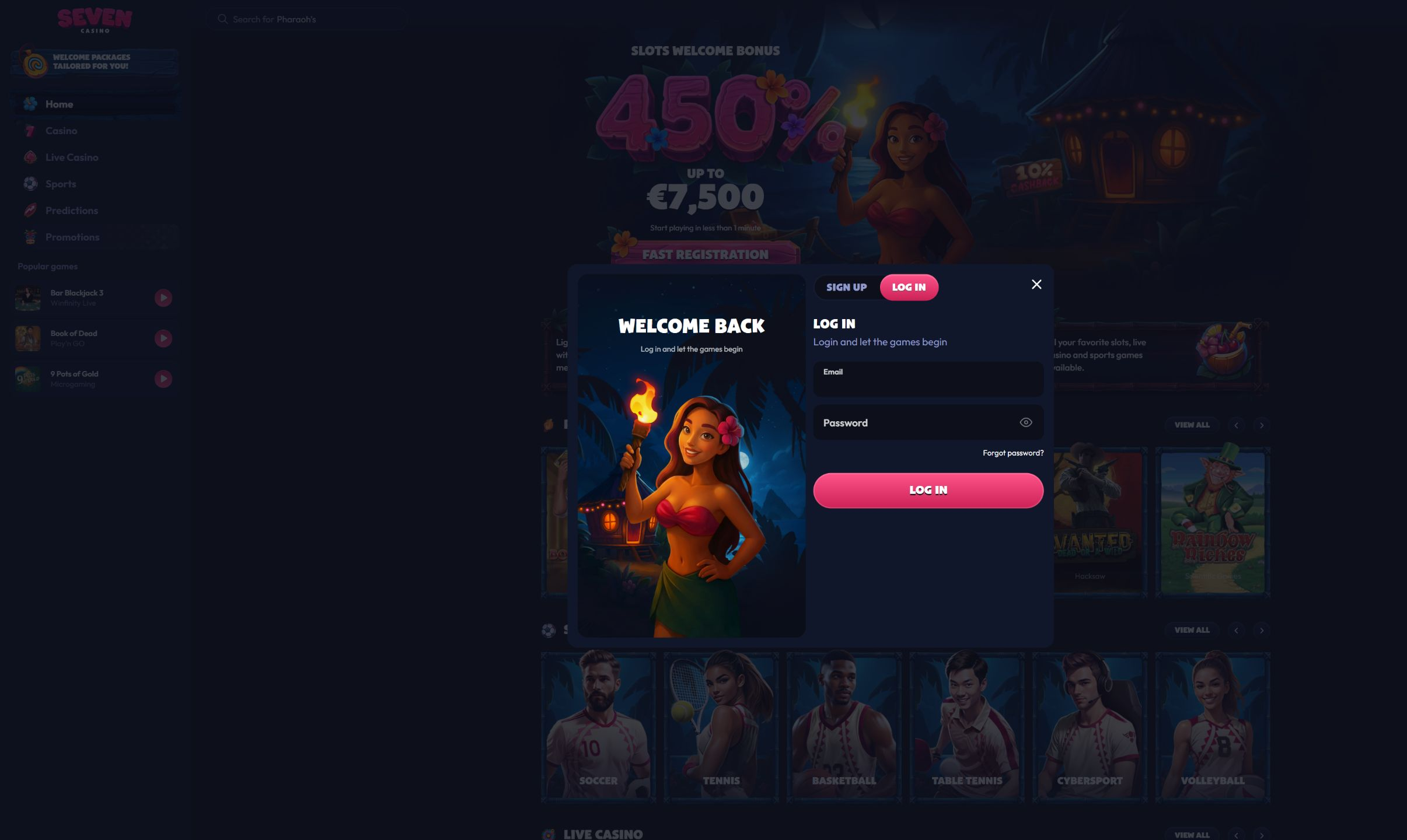 Seven Casino login form on desktop