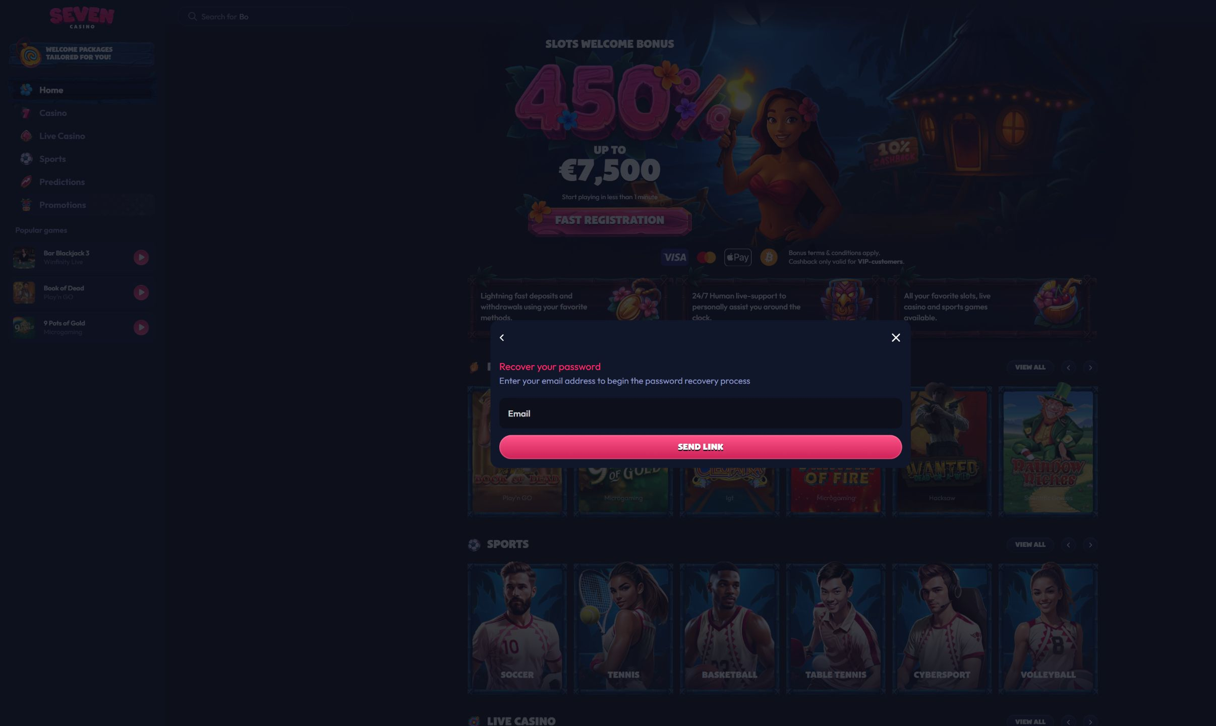 Seven Casino password recovery form on desktop