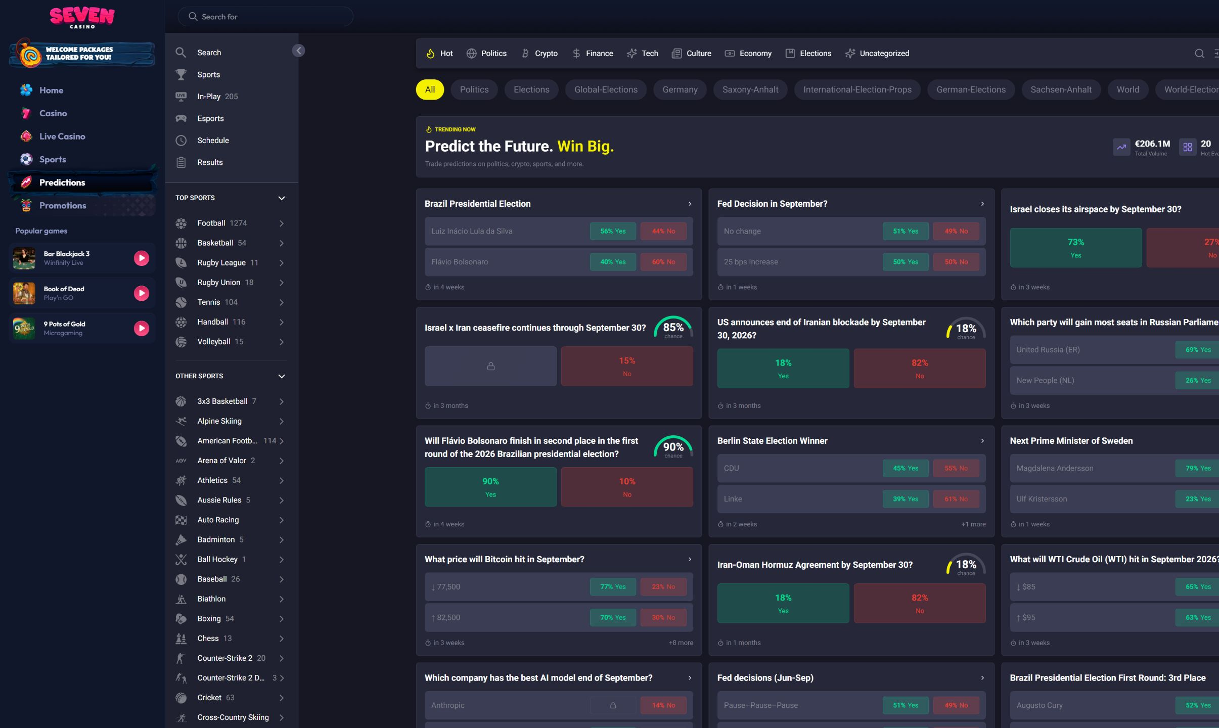 Seven Casino prediction markets section on desktop