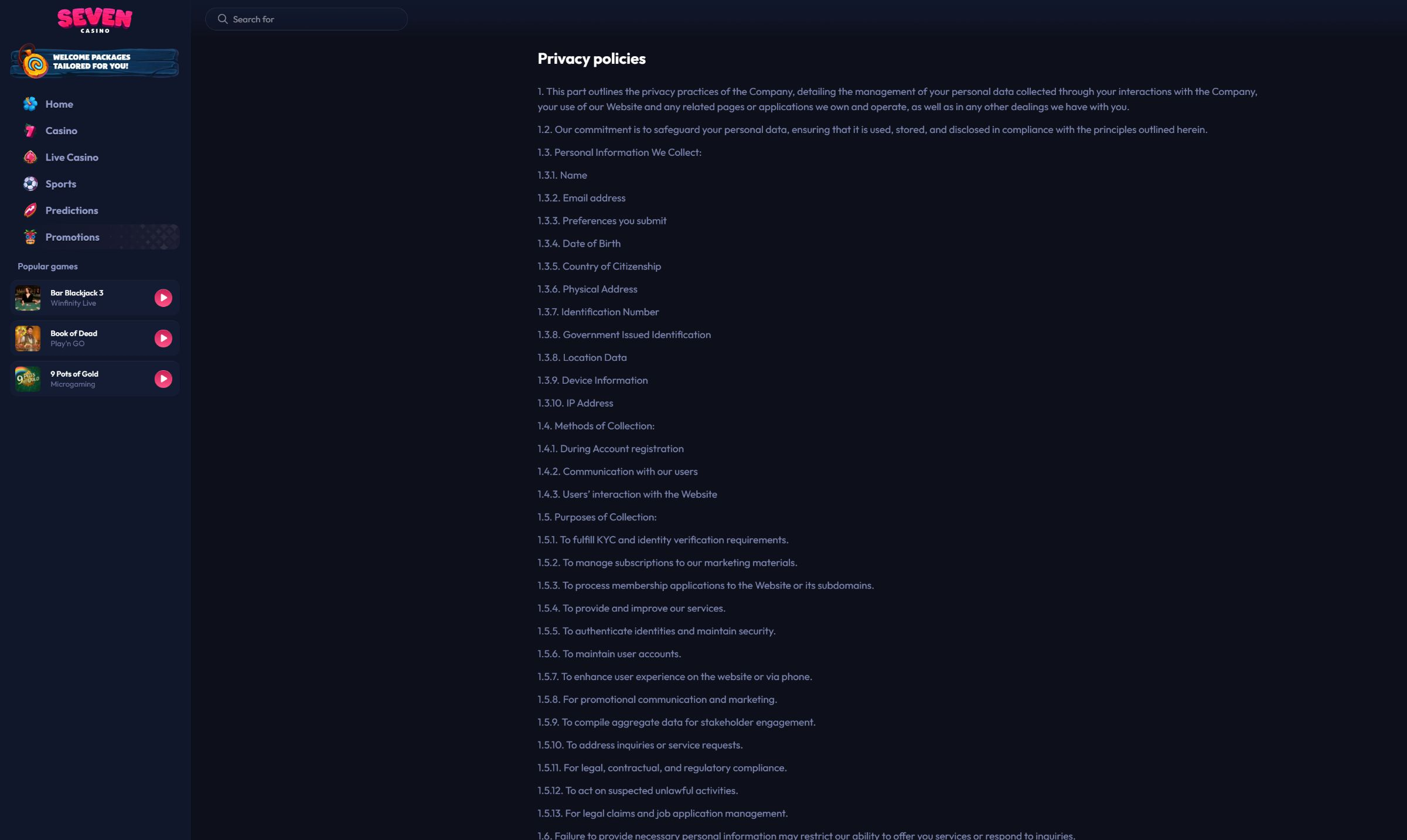 Seven Casino official privacy policy on desktop