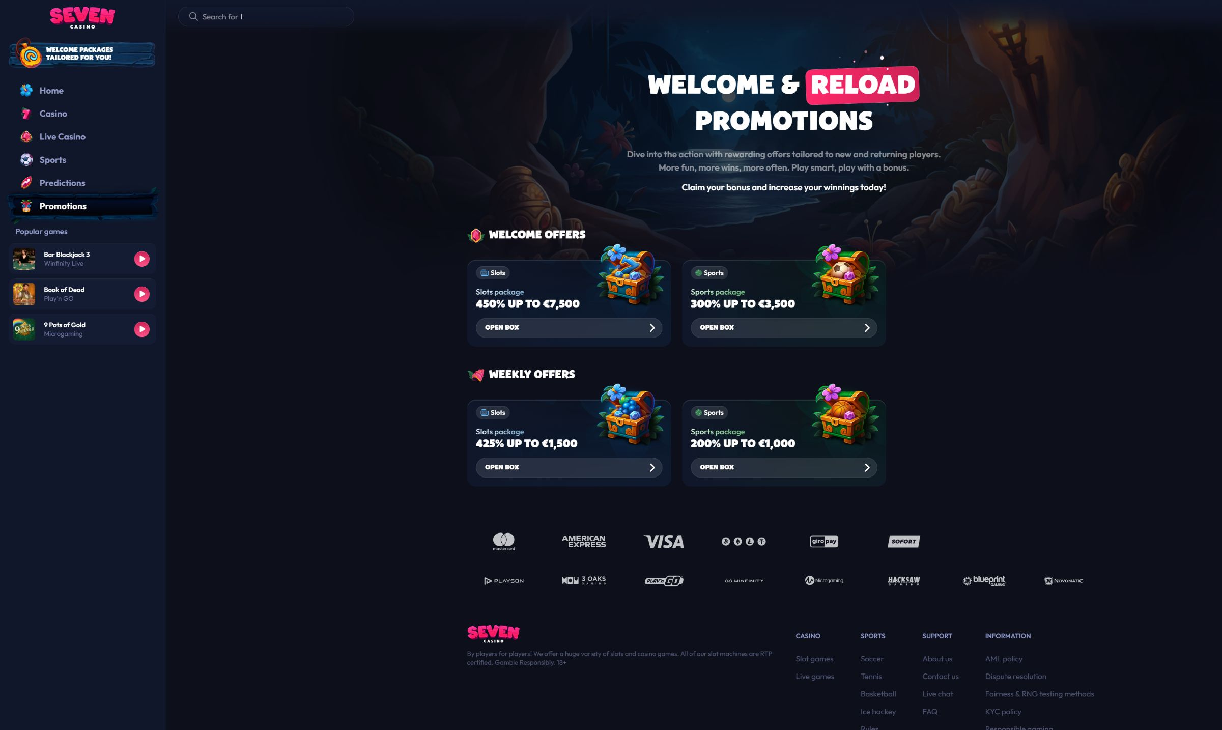 Seven Casino welcome and weekly promotions on desktop