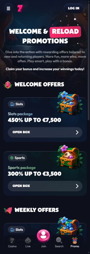 Seven Casino welcome bonus and sports bonus cards on the official promotions page.