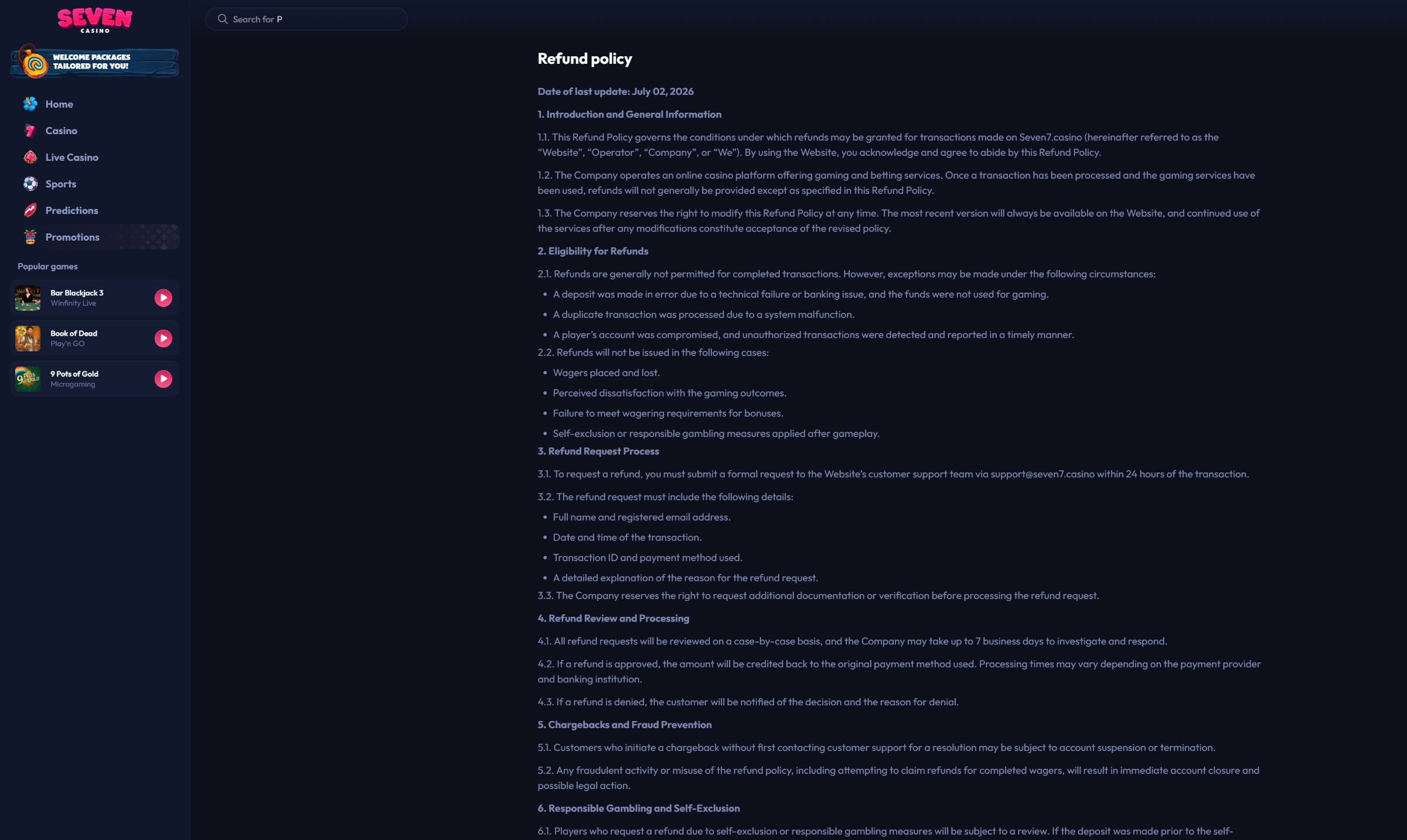 Seven Casino official refund policy on desktop