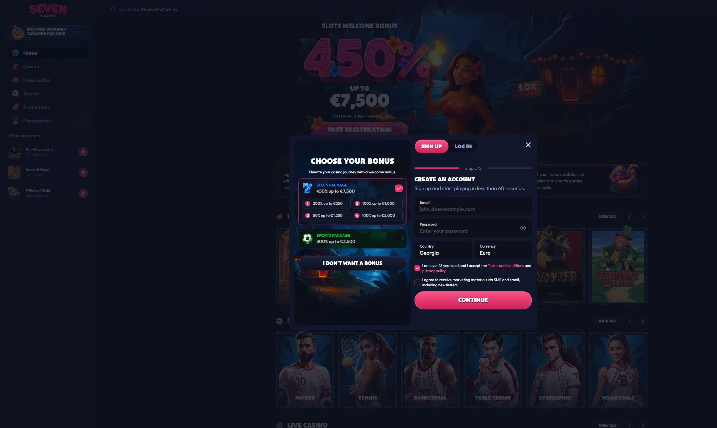Seven Casino registration step one with account and bonus fields on desktop