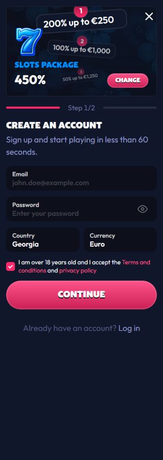 Seven Casino sign-up form with slots and sports bonus options