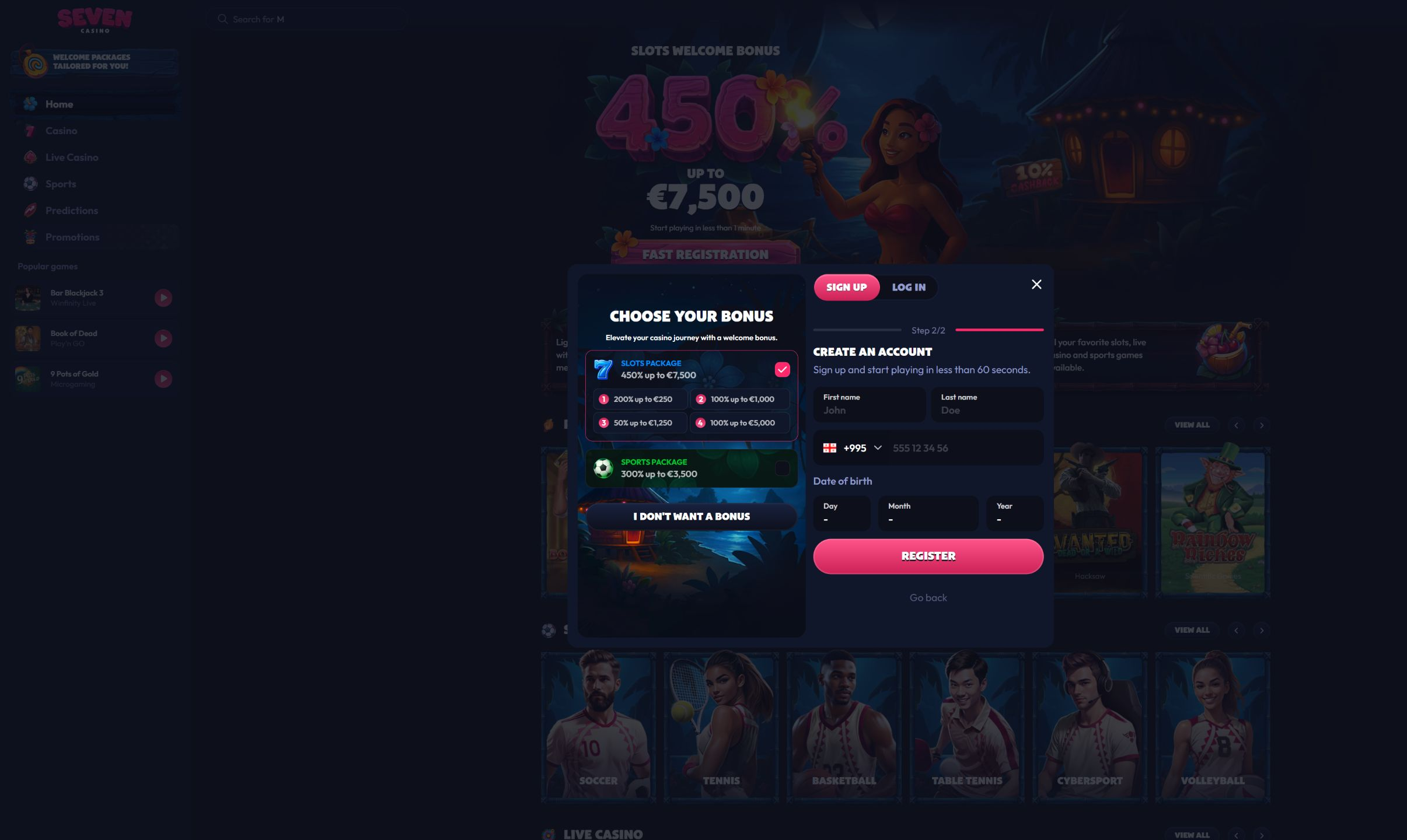 Seven Casino registration step two with identity fields on desktop