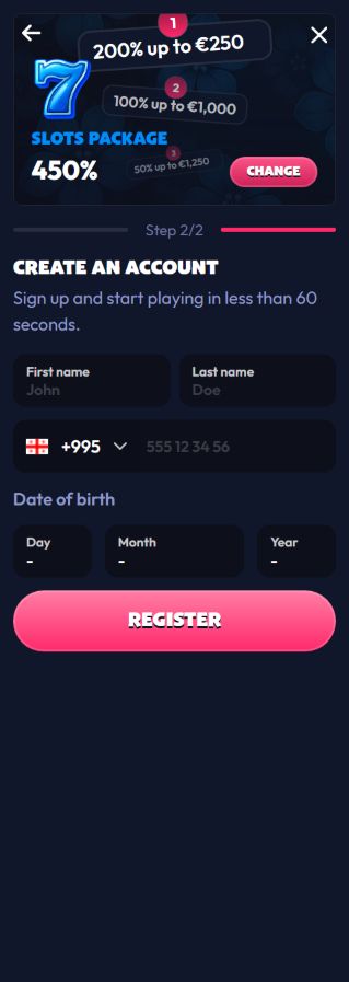 Seven Casino registration form requesting name, phone and date of birth