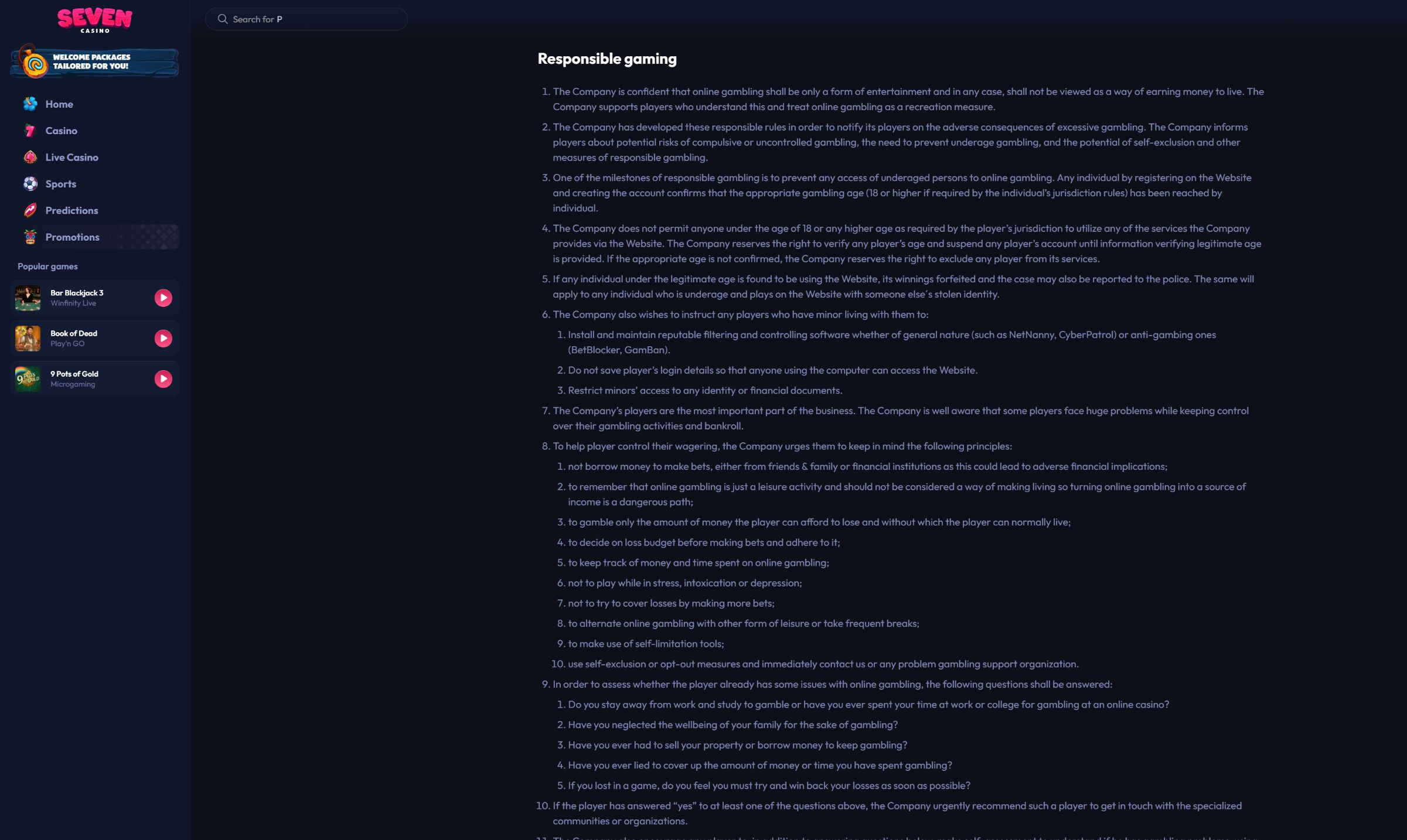 Seven Casino official responsible gaming page on desktop