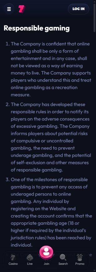 Seven Casino responsible gaming policy with self-exclusion rules and support email.
