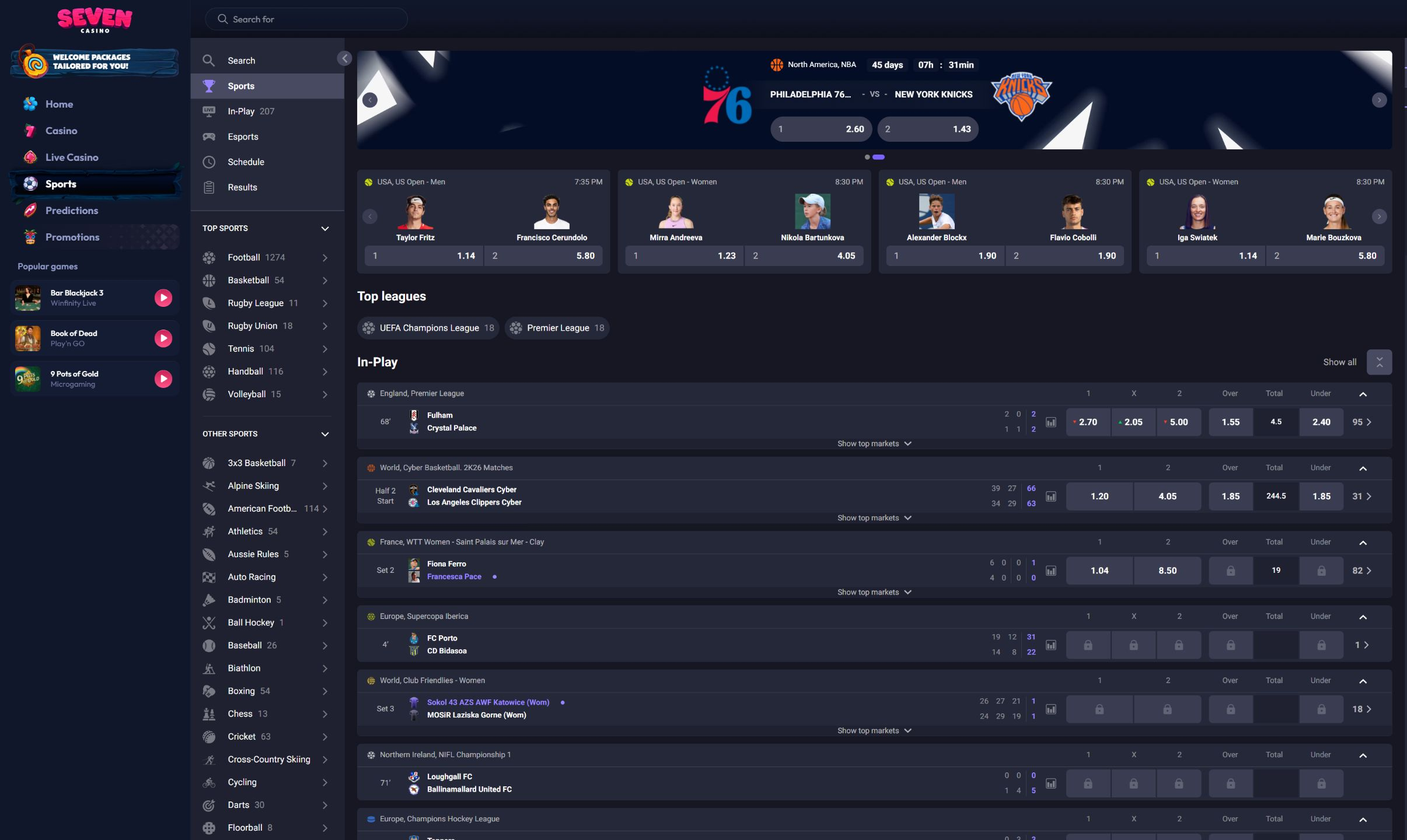 Seven Casino sportsbook section on desktop