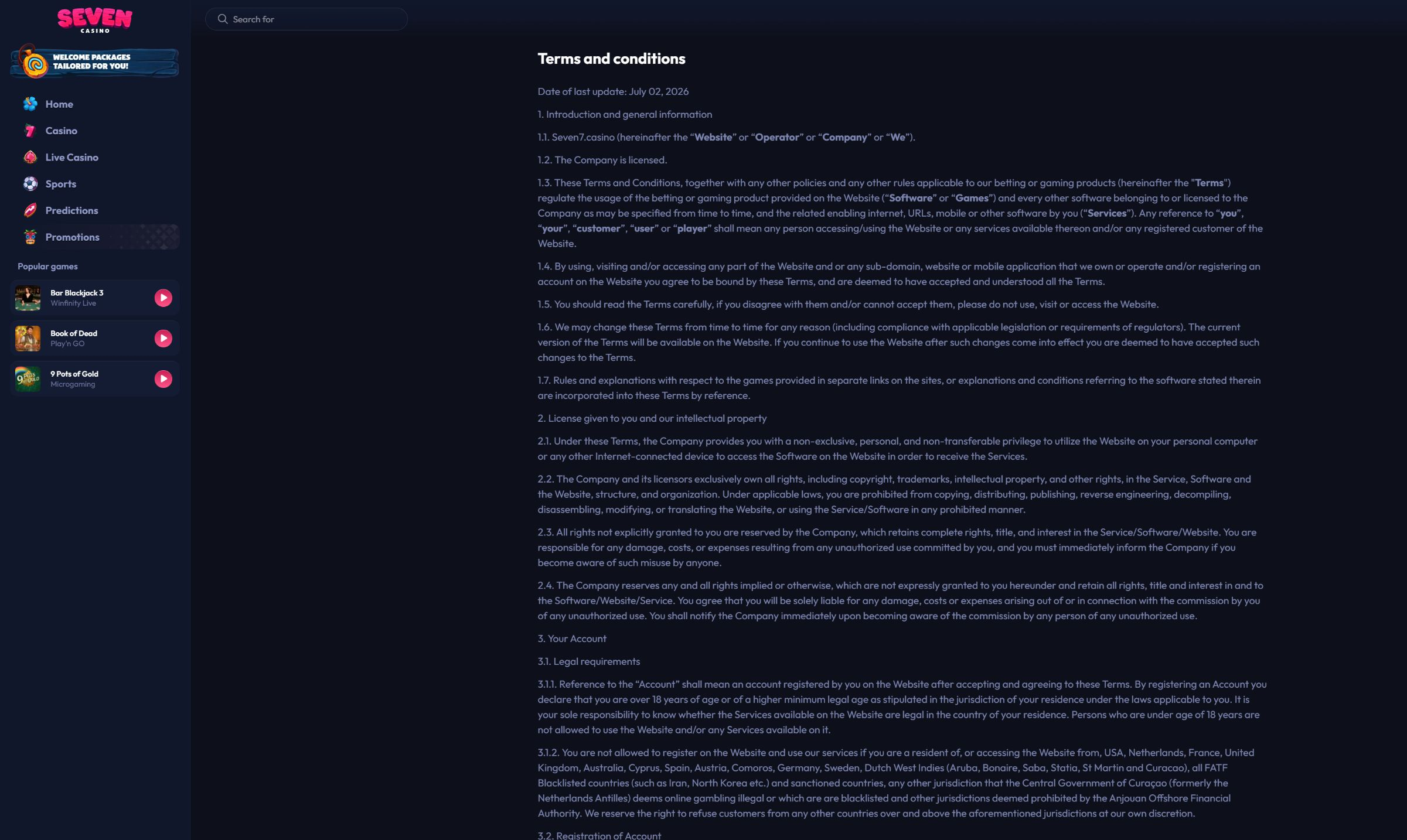 Seven Casino official terms and conditions on desktop