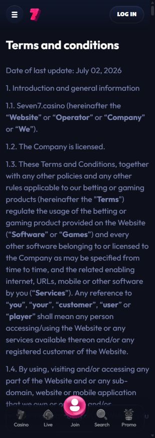 Seven Casino official terms and conditions page.
